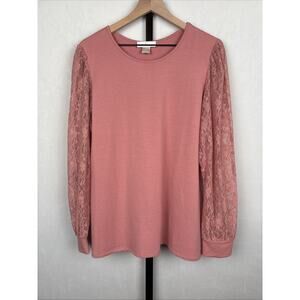 Rachel Parcell Knit Top Blouse Women's XXL Pink Lace Sleeves Stretch Jersey Soft